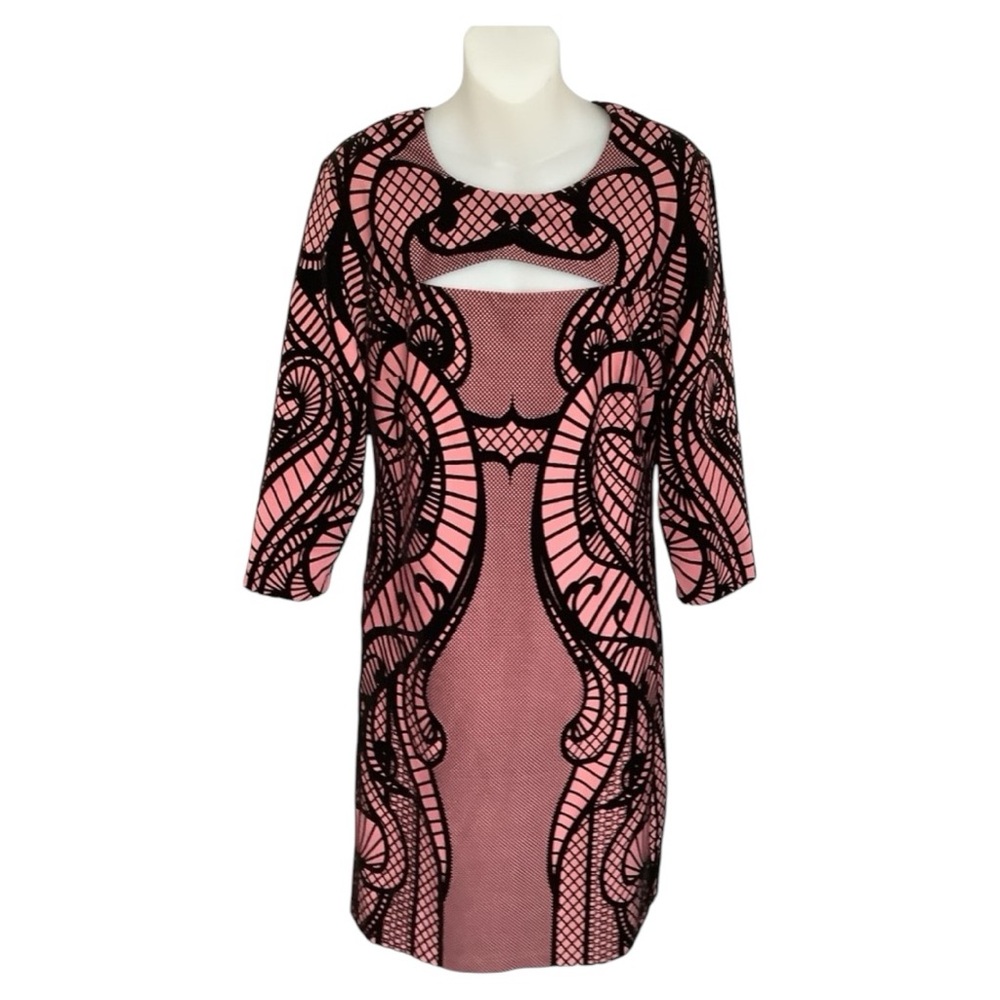 a Beige by ECI Pink and Black Velvet Flocked Bodycon Sheath Dress